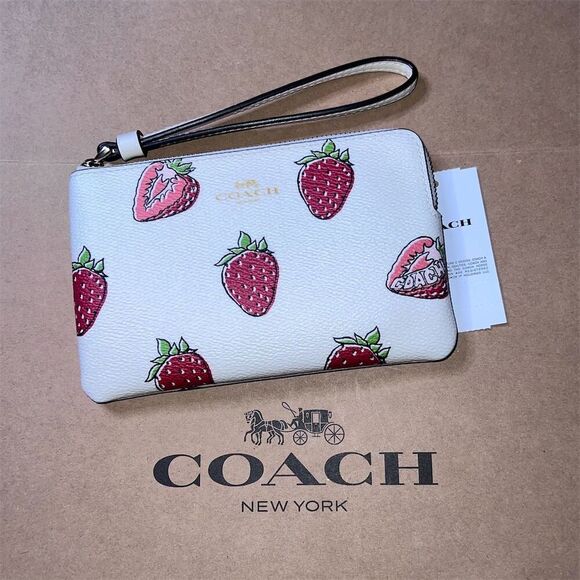 Coach Other - COACH Strawberry Print Wristlet Polished Pebble Leather CBB81 AUTHENTIC NWT